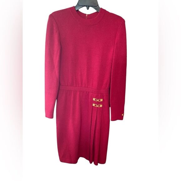 St. John Designer Red Knit Gold Hardware Details Elegant Evening Workwear Dress - Picture 2 of 8